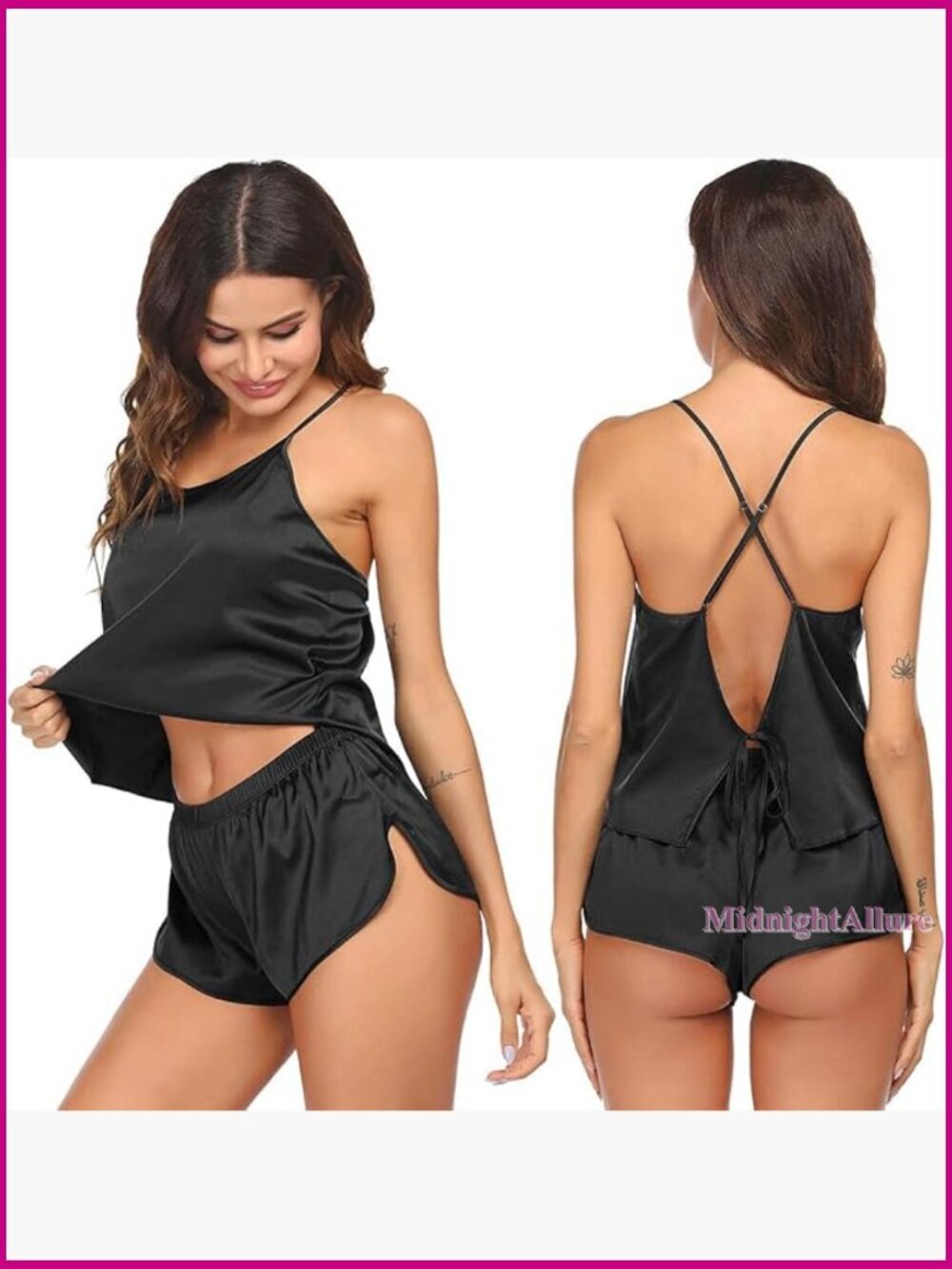 Silk Pajama Set with Cami Top and Shorts Lingerie Nightwear Backless
